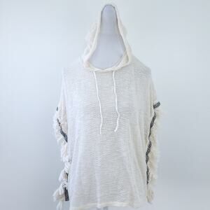 Lily White Poncho Knit Top Small Hooded Cream & Black Trim, Fringe Boho Festival